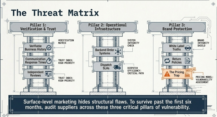 Infographic titled “The Threat Matrix” outlining three critical pillars for evaluating suppliers and protecting a business from sourcing risks. Pillar 1, Verification & Trust, includes verifiable business history, communication response times, and independent reviews. Pillar 2, Operational Infrastructure, focuses on backend order systems and dispatch service-level agreements (SLAs). Pillar 3, Brand Protection, covers white-label capabilities, return policies, and pricing transparency, with a highlighted warning labeled “The Pricing Trap.” A concluding message emphasizes that surface-level marketing can hide structural flaws and advises auditing suppliers across all three pillars to avoid long-term business vulnerabilities.