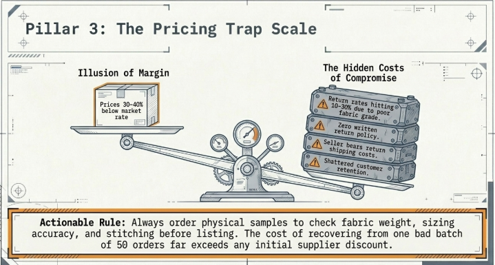 Infographic titled “Pillar 3: The Pricing Trap Scale” showing a balance scale comparing low supplier prices against hidden business costs. On the left, a lightweight box labeled “Illusion of Margin” advertises prices 30–40% below market rate. On the right, a much heavier stack labeled “The Hidden Costs of Compromise” includes issues such as high return rates caused by poor fabric quality, no written return policy, seller-paid return shipping costs, and damaged customer retention. The scale tilts heavily toward the hidden costs, illustrating how cheap products can create greater long-term expenses. A highlighted takeaway advises sellers to order physical samples and verify fabric quality, sizing accuracy, and stitching before listing products, noting that one bad batch can erase any savings from supplier discounts.