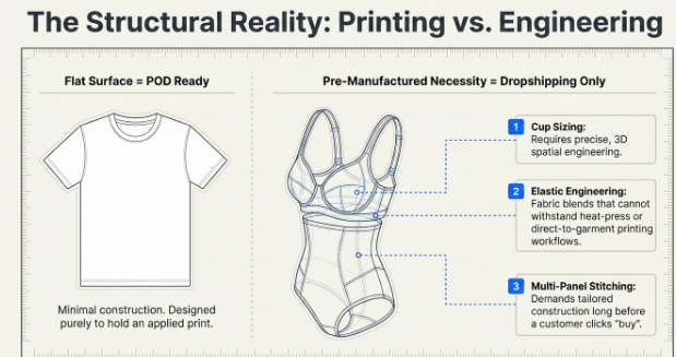 Educational comparison infographic titled 'The Structural Reality: Printing vs. Engineering.' The left side shows a basic T-shirt labeled 'Flat Surface = POD Ready,' illustrating that print-on-demand products are designed for flat printing. The right side features a technical wireframe illustration of a structured bra bodysuit labeled 'Pre-Manufactured Necessity = Dropshipping Only,' with callouts highlighting engineered cup sizing, elastic fabric construction, and multi-panel stitching that require pre-manufactured production rather than direct-to-garment printing