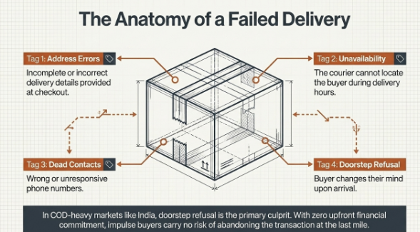 Infographic showing four common causes of Return to Origin (RTO): incorrect address, customer unavailability, invalid contact details, and doorstep order refusal