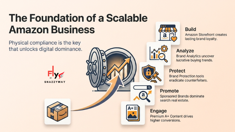 Snazzyway Dropshipping infographic showing how Amazon Brand Registry and physical brand compliance help build, analyze, protect, promote, and scale an Amazon business.
