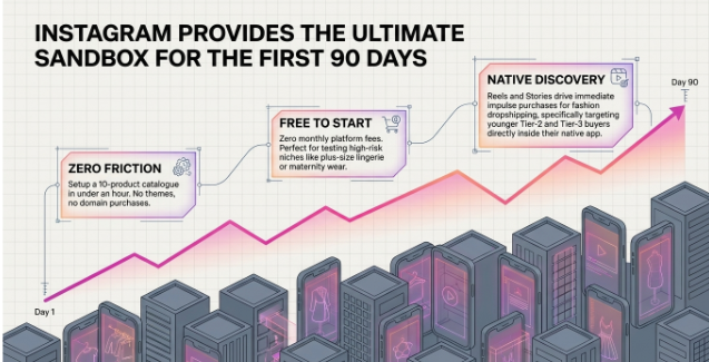 Infographic showing Instagram as a low-friction platform for the first 90 days, emphasizing easy startup, native product discovery, and audience growth before scaling a business.