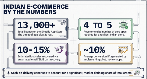 Indian ecommerce statistics showing Shopify apps, conversion rates, and COD trends