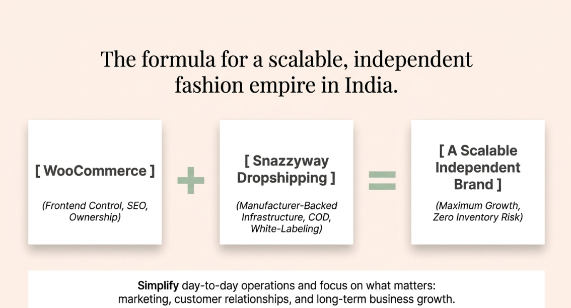 Diagram showing how WooCommerce combined with Snazzyway Dropshipping helps build a scalable independent fashion brand in India through SEO, manufacturer-backed fulfilment, COD support, and white-label branding.