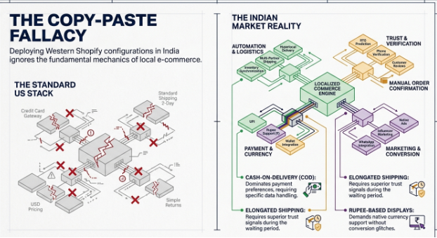 Comparison of standard Shopify setup vs localized Indian dropshipping ecommerce workflow