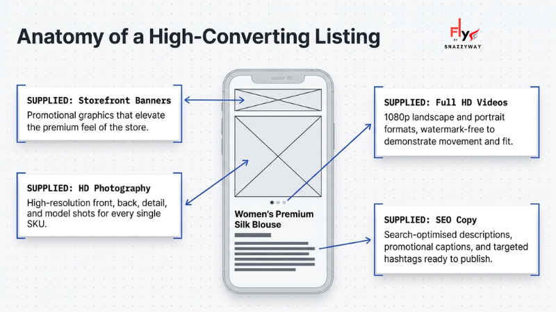 Snazzyway Dropshipping high-converting product listing showing premium storefront banners, HD product photography, Full HD videos, and SEO-optimized product descriptions for Shopify and WooCommerce stores.