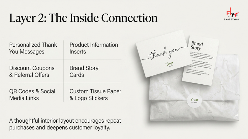 Snazzyway Dropshipping custom packaging inserts including thank-you cards, brand story cards, discount coupons, QR codes, logo stickers, and custom tissue paper for a premium unboxing experience.