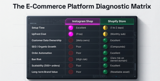 Comparison table highlighting Instagram Shop and Shopify Store across setup time, cost, data ownership, SEO, automation, scalability, and long-term business value.