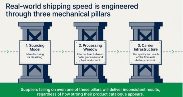 Infographic illustrating the three key pillars of fast dropshipping shipping: sourcing model, processing window, and carrier infrastructure, explaining how each stage affects supplier dispatch speed and delivery consistency.