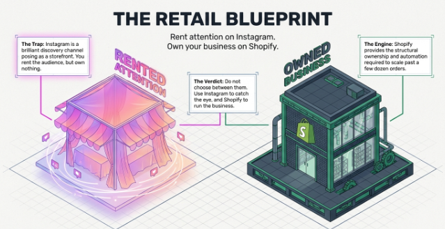 Infographic comparing rented Instagram attention with owned Shopify business, highlighting why businesses should use Instagram for marketing and Shopify for long-term ownership.