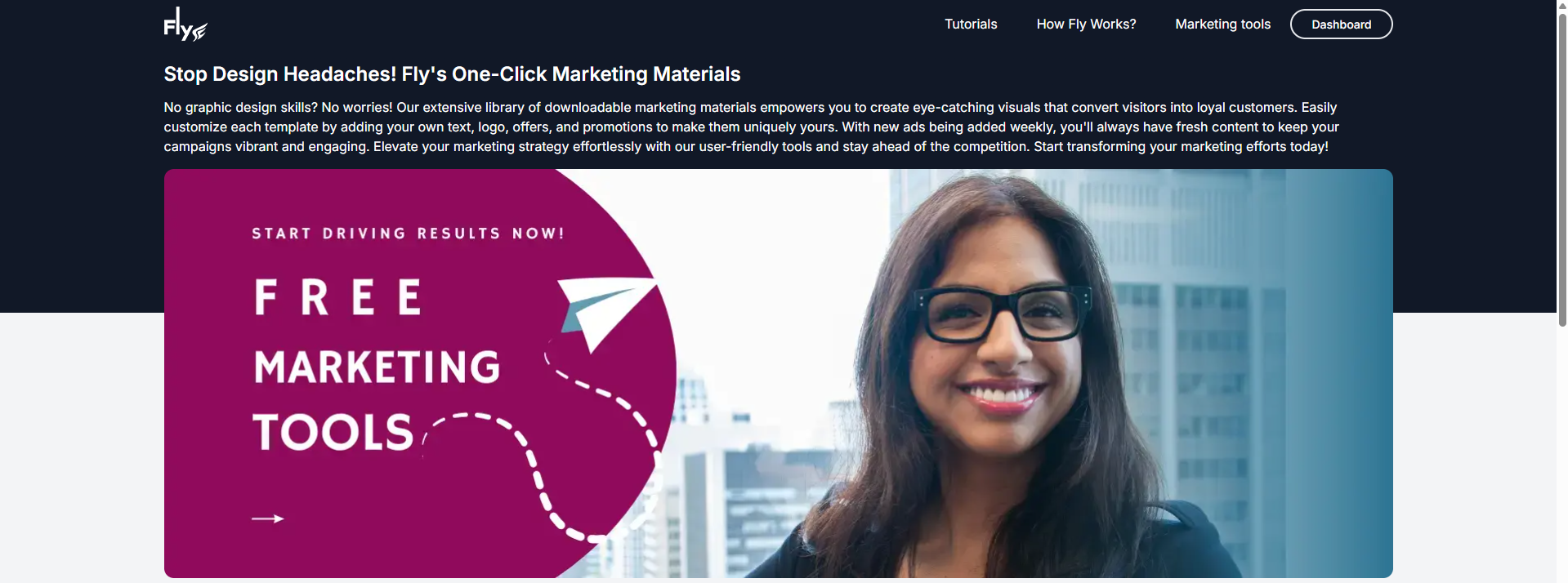 Snazzyway Fly's free marketing tools dashboard offering downloadable promotional creatives and marketing materials for dropshipping sellers.