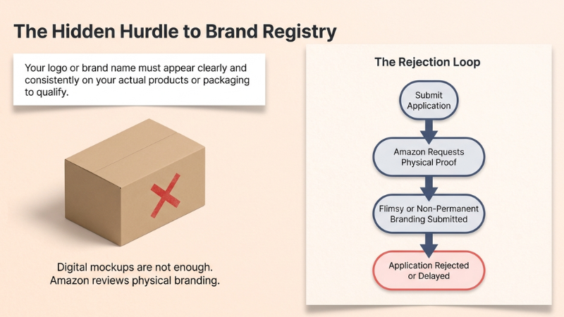Snazzyway Dropshipping infographic explaining Amazon Brand Registry physical branding requirements and why custom branded packaging is essential for Amazon brand approval.