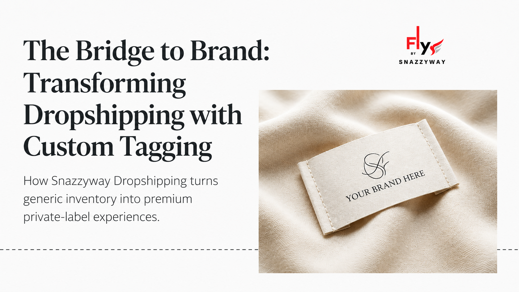 Snazzyway Dropshipping custom brand tagging service showing a premium clothing label with 'Your Brand Here' for private label and white label ecommerce businesses.