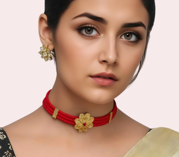 Red Beaded Floral Choker