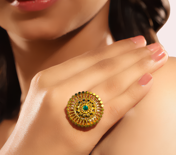 Traditional Gold-Plated Circular Statement Ring with Green Stone