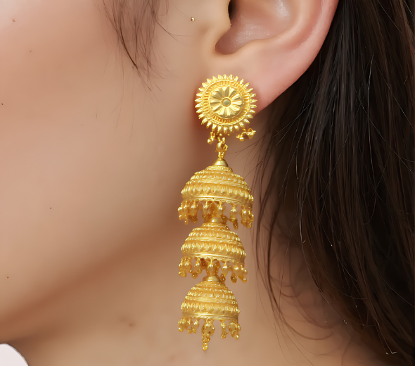 Triple-Tiered Gold Jhumka Earrings