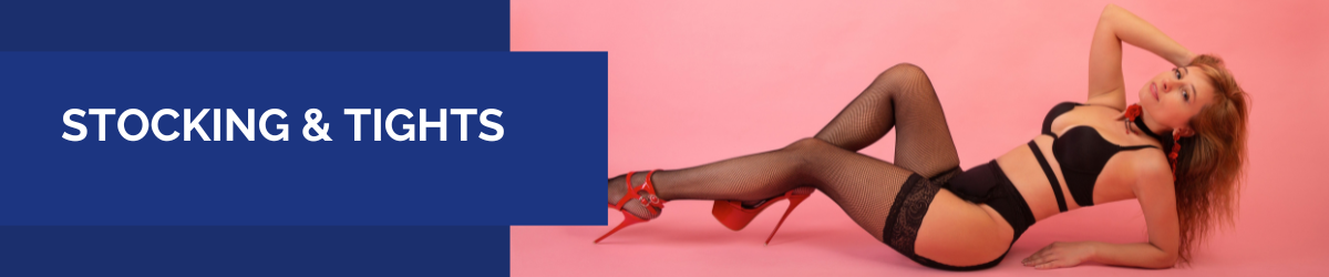 Woman wearing black stockings and lingerie, posing against a pink background.