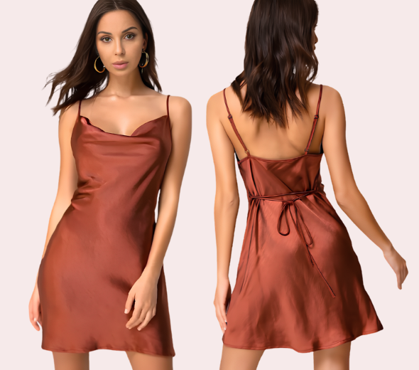 Elegant Dark Rust Satin Slip Dress