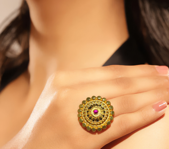 Traditional Gold-Plated Statement Ring with Red Stone