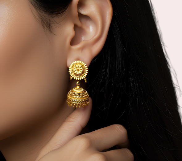 Classic Gold Jhumka Earrings with Floral Motif