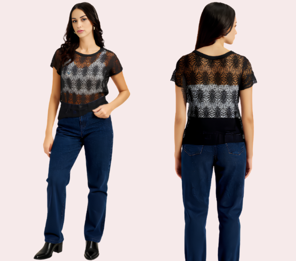 Stylish Black Sheer Floral Lace Top for Women