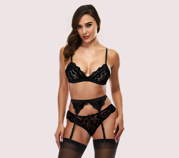 Dropship Exotic black lace bra set with garter belt