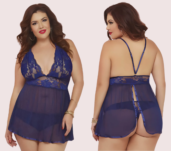 Dropship Plus size lace mesh see through babydoll nightwear