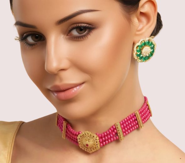 Red Beaded Necklace with Gold Hexagon Pendant