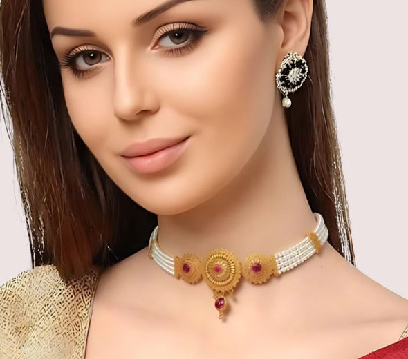 Dropship Royal Ruby Pearl Choker Necklace with Antique Gold Detailing