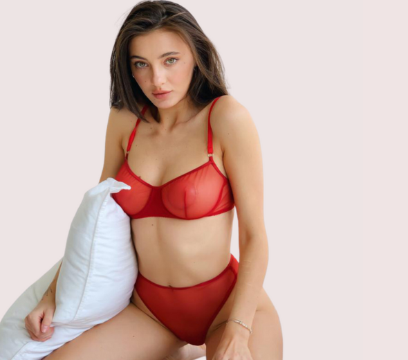 Dropship Sensual Red Bra & Thong Set - Fully See-Through Design