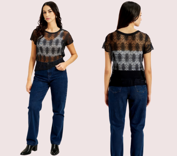 Dropship Stylish Black Sheer Floral Lace Top for Women