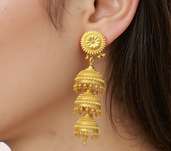 Dropship Triple-Tiered Gold Jhumka Earrings