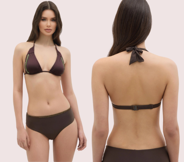 Dropship Espresso Dream Embellished Trim Triangle Bikini Top (Top Only)