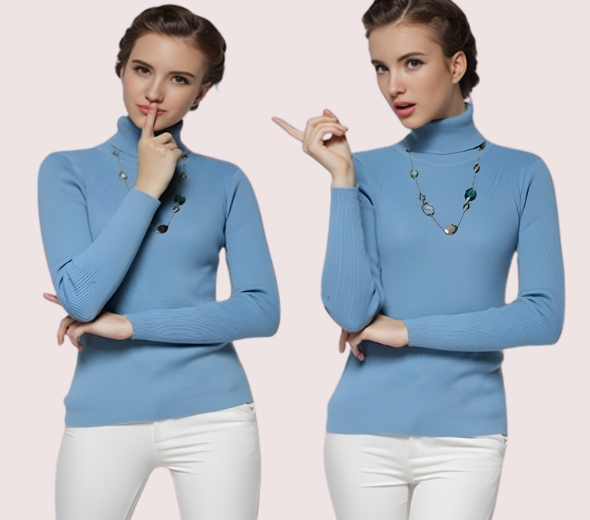 Dropship Women’s Cool Stripes Lake Blue High Neck Sweater