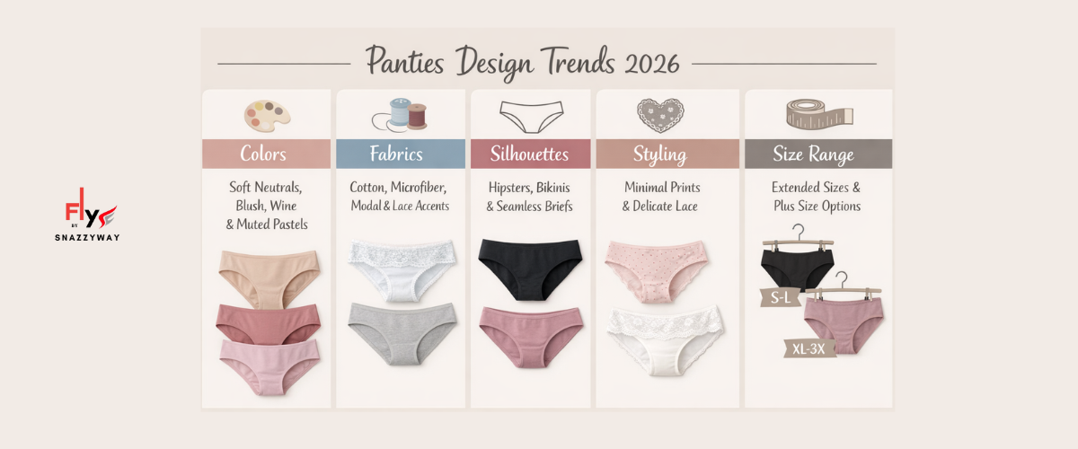 Infographic showing Panties Design Trends 2026 including soft neutral colors, cotton and microfiber fabrics, hipster and bikini silhouettes, minimal lace styling, and extended plus-size options for everyday wear.