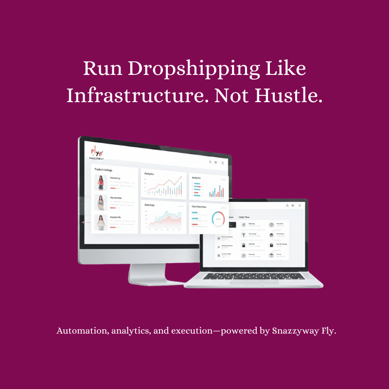 Snazzyway Fly dashboard showing dropshipping analytics, product listings, and automated order management interface