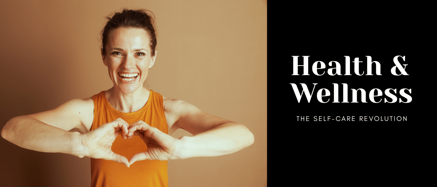 Health and wellness dropshipping business niche banner featuring a happy woman making a heart sign, representing the self-care revolution.