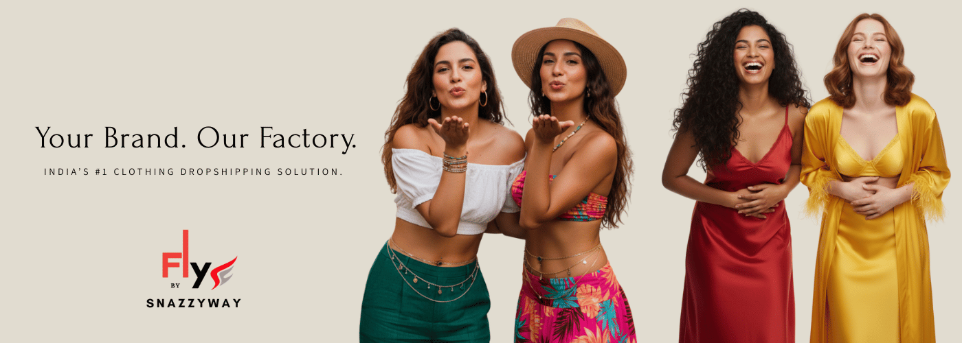 Snazzyway India's number one clothing dropshipping solution banner showcasing private label lingerie, jeans, and fashion tops.