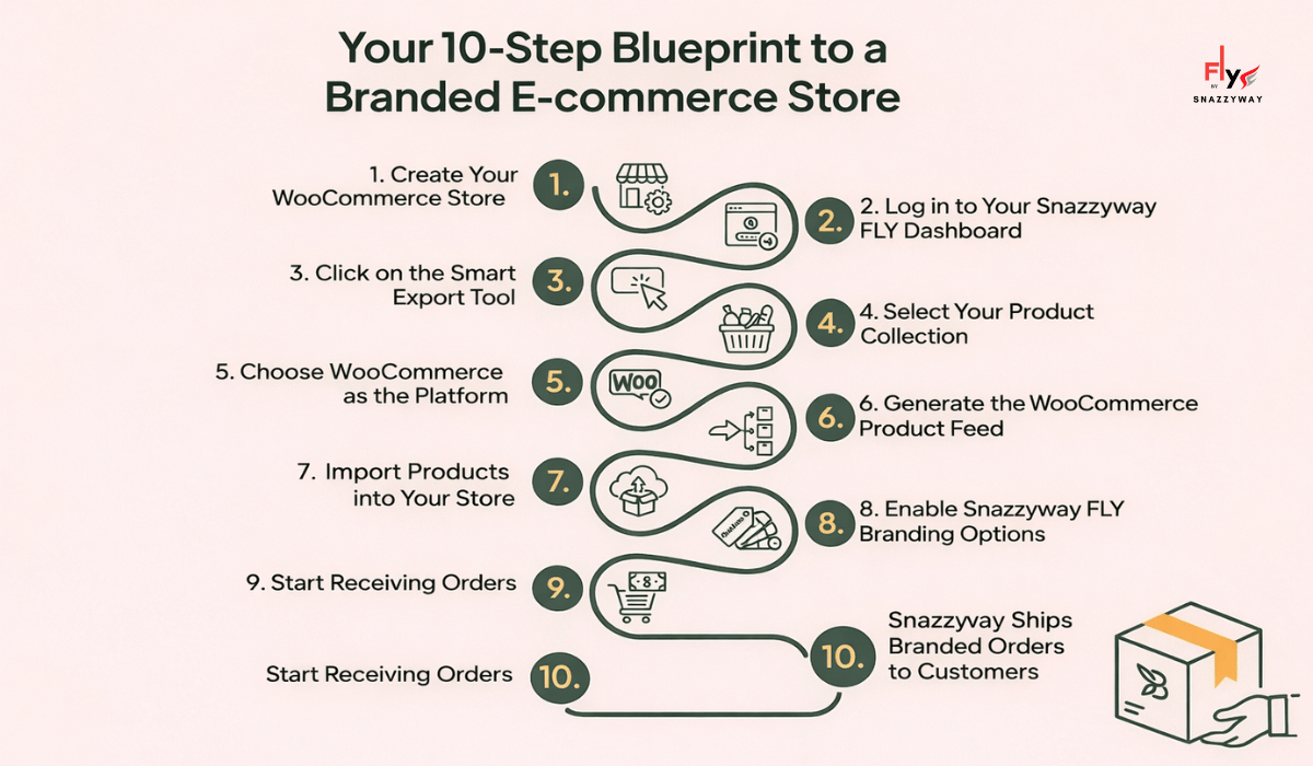 10-step WooCommerce dropshipping blueprint showing how to build a branded e-commerce store using Snazzyway FLY automation