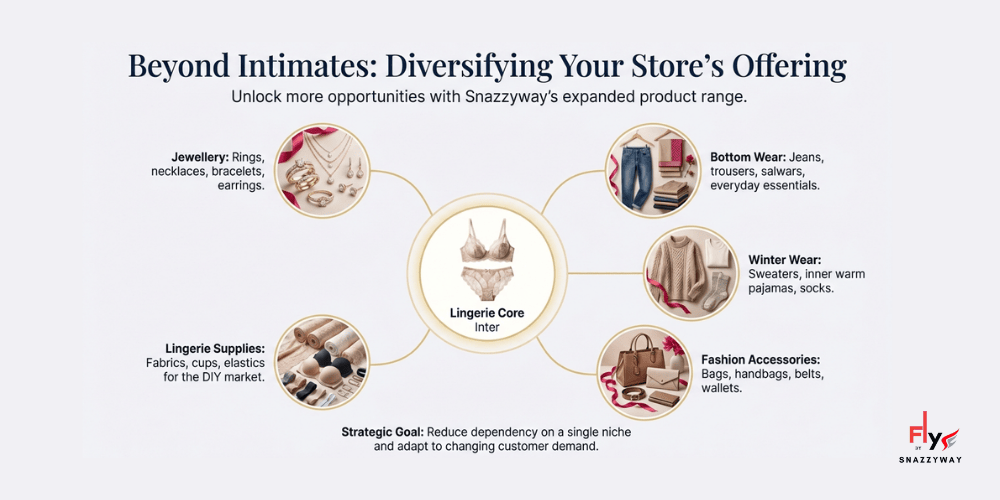 Best products for dropshipping in India showing diversified categories beyond intimates including jewellery, winter wear, bottom wear, accessories, and supplies