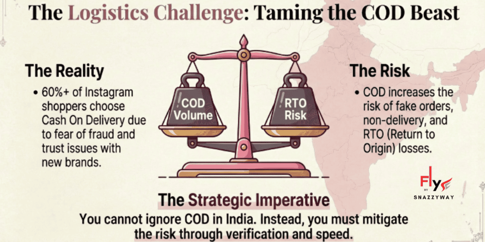 Infographic explaining cash on delivery challenges in Indian Instagram dropshipping, showing balance between COD volume and RTO risk with fraud and non-delivery concerns