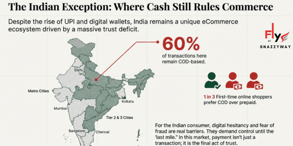 Cash on Delivery adoption in India showing 60 percent of eCommerce transactions remain COD based, especially in tier 2 and tier 3 cities