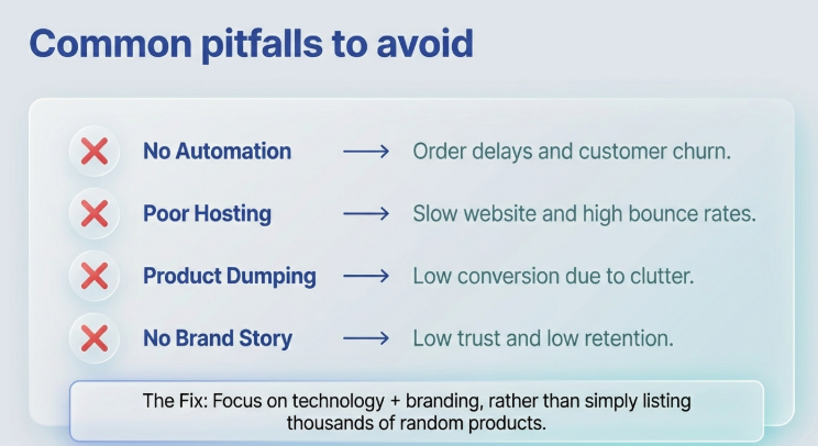 Common Magento dropshipping mistakes such as no automation, poor hosting, and product dumping