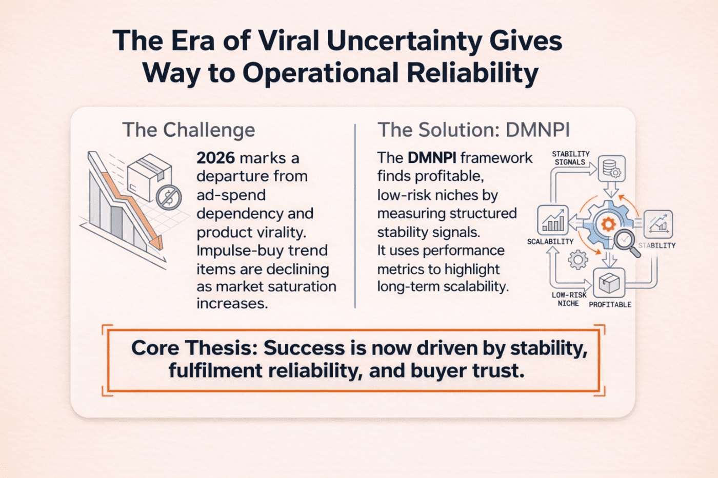 DMNPI framework explaining the shift in 2026 from viral product trends to stable, low-risk dropshipping niches driven by reliability and scalability