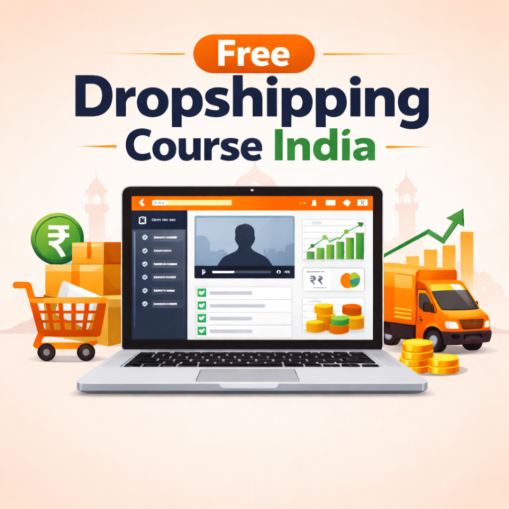 Free dropshipping course India banner showing online ecommerce training dashboard