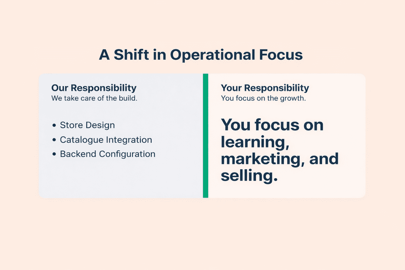 Free dropshipping website model showing how Snazzyway manages store design, catalogue integration, and backend setup while sellers focus on learning, marketing, and selling.