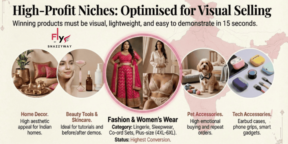Infographic highlighting high-profit Instagram dropshipping niches in India including fashion and women’s wear, beauty tools, home decor, pet accessories, and tech accessories