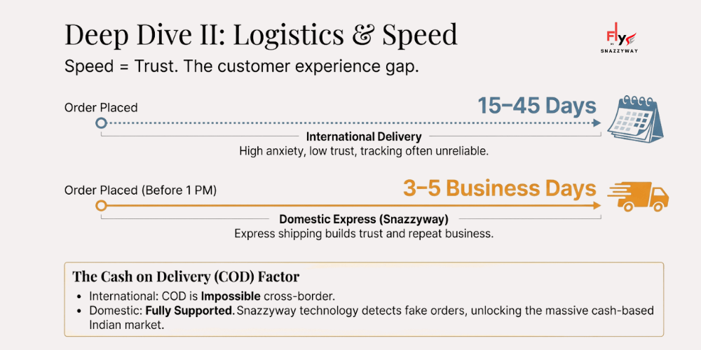 Logistics and delivery speed comparison in Indian Drop-Shipping vs. International Drop-Shipping showing domestic express shipping versus long international timelines