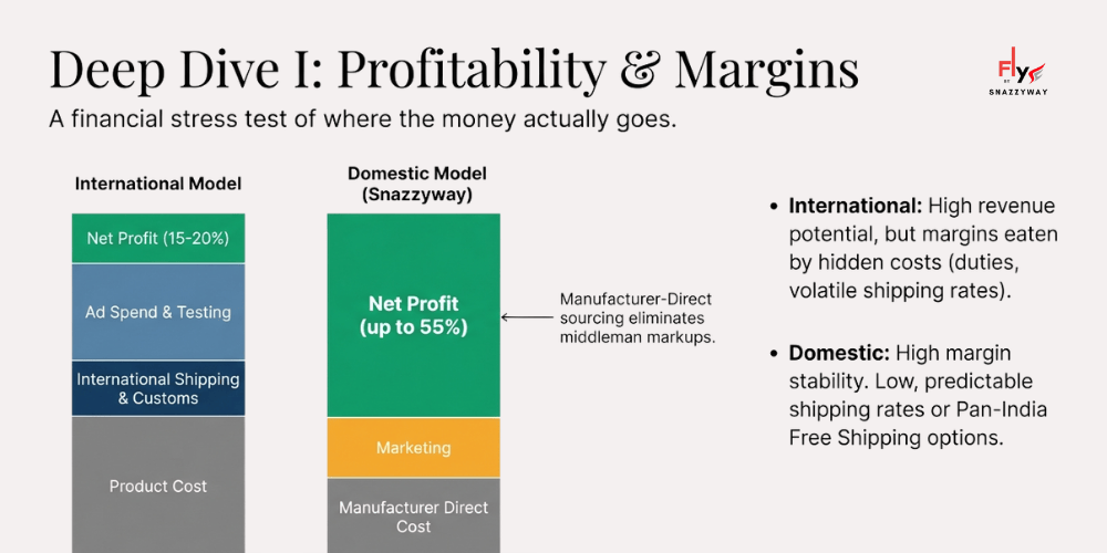 Profitability and margin comparison in Indian Drop-Shipping vs. International Drop-Shipping showing cost structure and net profit differences
