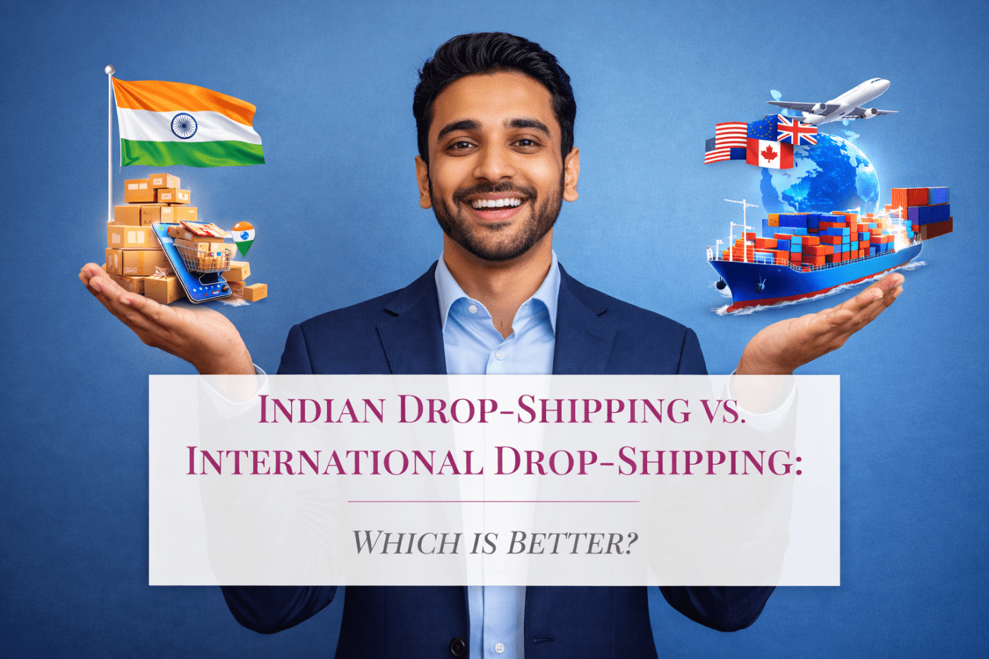 Smiling business professional comparing Indian dropshipping and international dropshipping, holding Indian ecommerce products on one hand and global shipping logistics on the other.